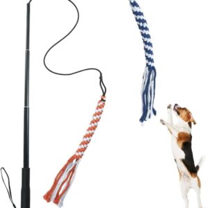 ASOCEA Flirt Pole for Dogs，Extendable Teaser Wand Pet Flirt Stick Outdoor Interactive Toy with 2 Chasing Tail Chewing Cotton Rope for Small Medium Large Dogs Training Pulling