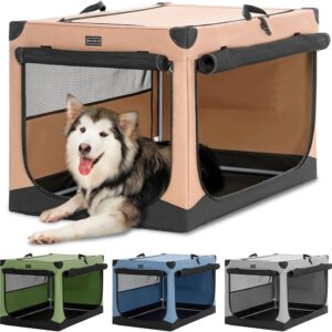 Petsfit Dog Crates for Large Dogs, Adjustable Fabric Cover by Spiral Iron Pipe, Chew Proof 3 Door Design, Travel Dog Crate 100 cm L x 64 cm W x 63 cm H Khaki