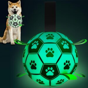 RUCACIO Glow in The Dark Dog Balls, Light Up Dog Soccer Ball with Straps, Outdoor Interactive Dog Toys for Small & Medium Dogs, Puppy Birthday Gifts, Dog Tug Water Toy,（6 Inch）